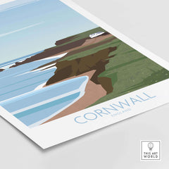 Cornwall Poster Print featuring a coastal landscape, inspired by vintage travel posters, perfect for home or office decor.