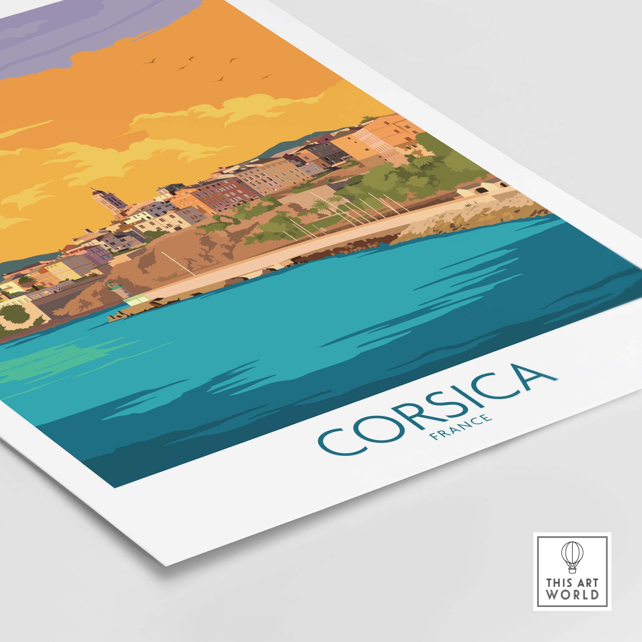 Corsica poster featuring a vibrant coastal landscape, showcasing vintage travel art from France for home decor.