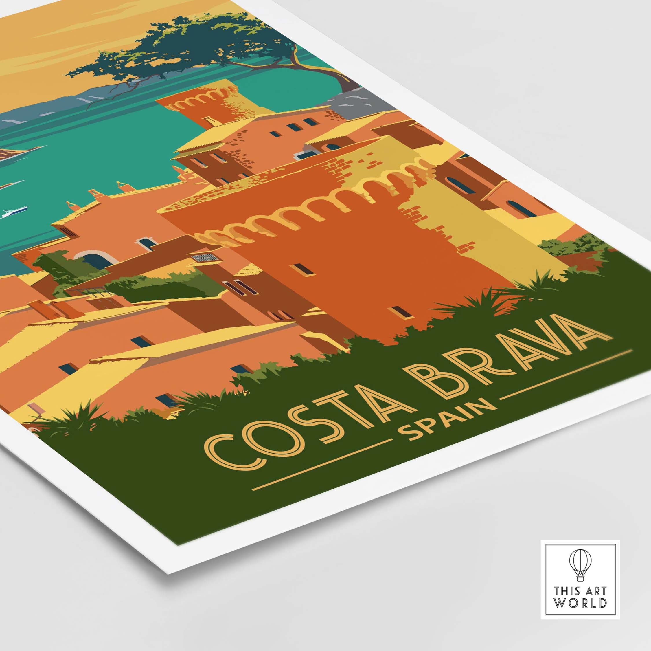 Vibrant Costa Brava print showcasing colorful buildings and coastal scenery, perfect for home or office decor.