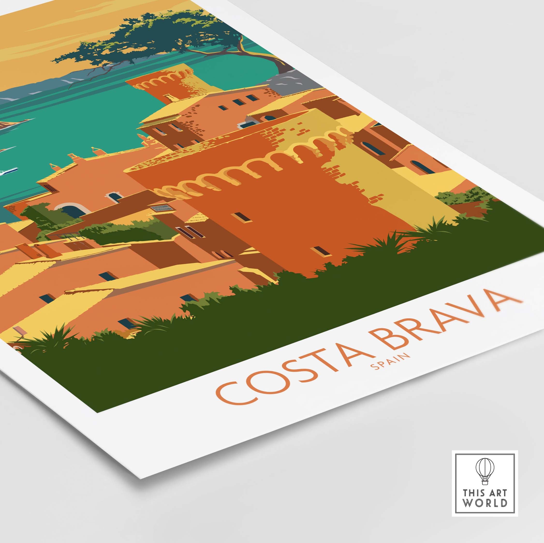 Costa Brava poster featuring colorful vintage-style artwork of coastal Spain, perfect for home decor.