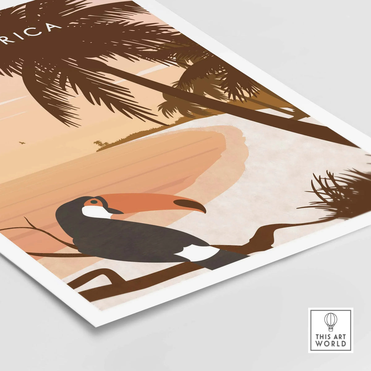 Costa Rica Print Wall Art Poster featuring a toucan and tropical landscape in soft pastel colors. Ideal for home decor.