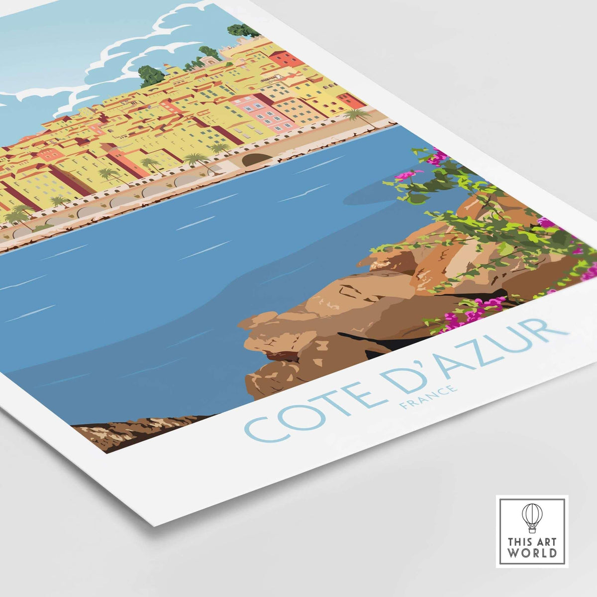 Cote d'Azur print poster featuring colorful coastal scenery and vintage travel art style.
