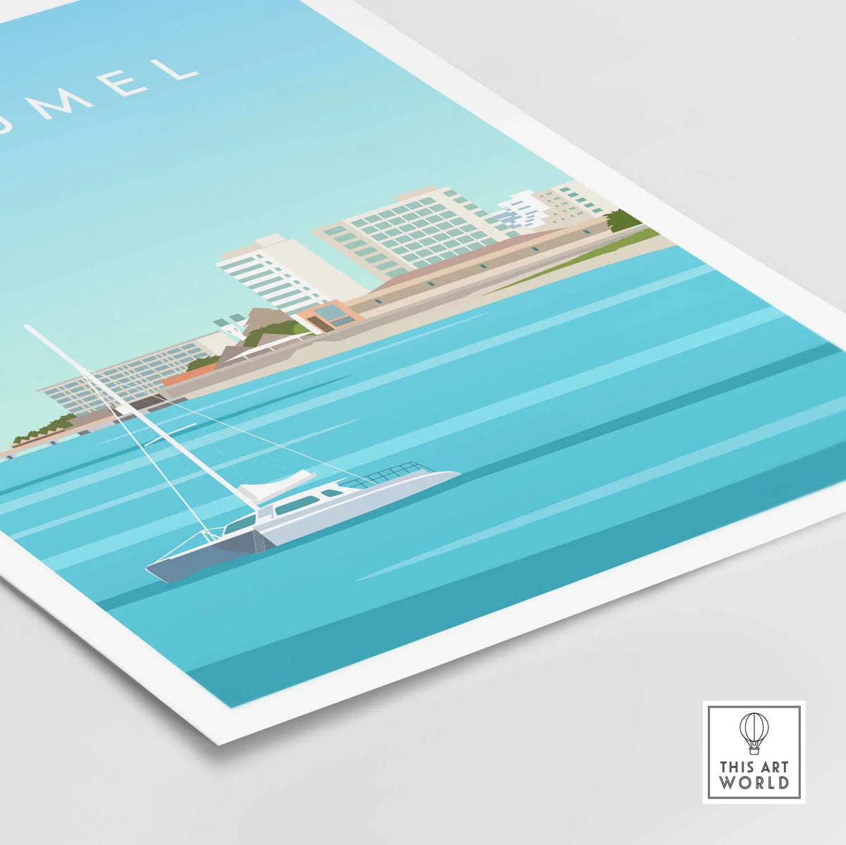 Cozumel Art Print featuring a serene seascape with a sailboat, inspired by vintage travel aesthetics.