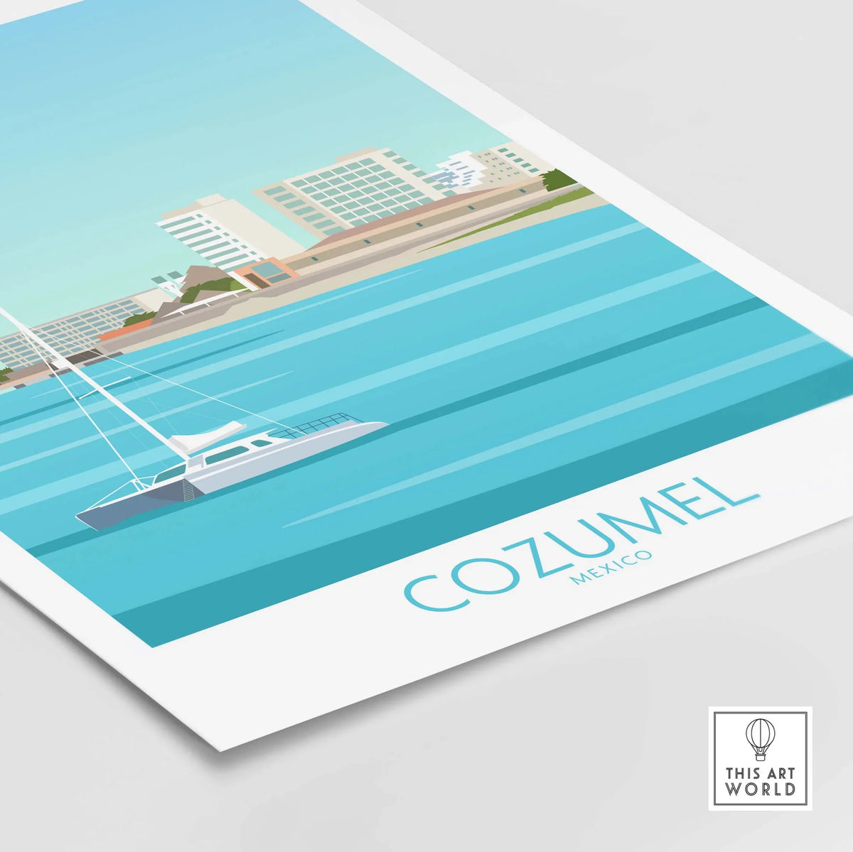Cozumel poster featuring a sailboat and coastal scenery, showcasing vibrant blue waters and city skyline.