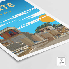 Crete travel poster print showcasing a minimalist vintage design with iconic landmarks and a sunny backdrop.