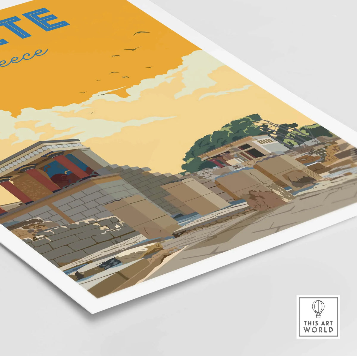 Vintage travel poster of Crete, Greece featuring historic architecture and warm sunset colors, ideal for home decor.