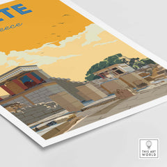 Vintage travel poster of Crete, Greece featuring historic architecture and warm sunset colors, ideal for home decor.