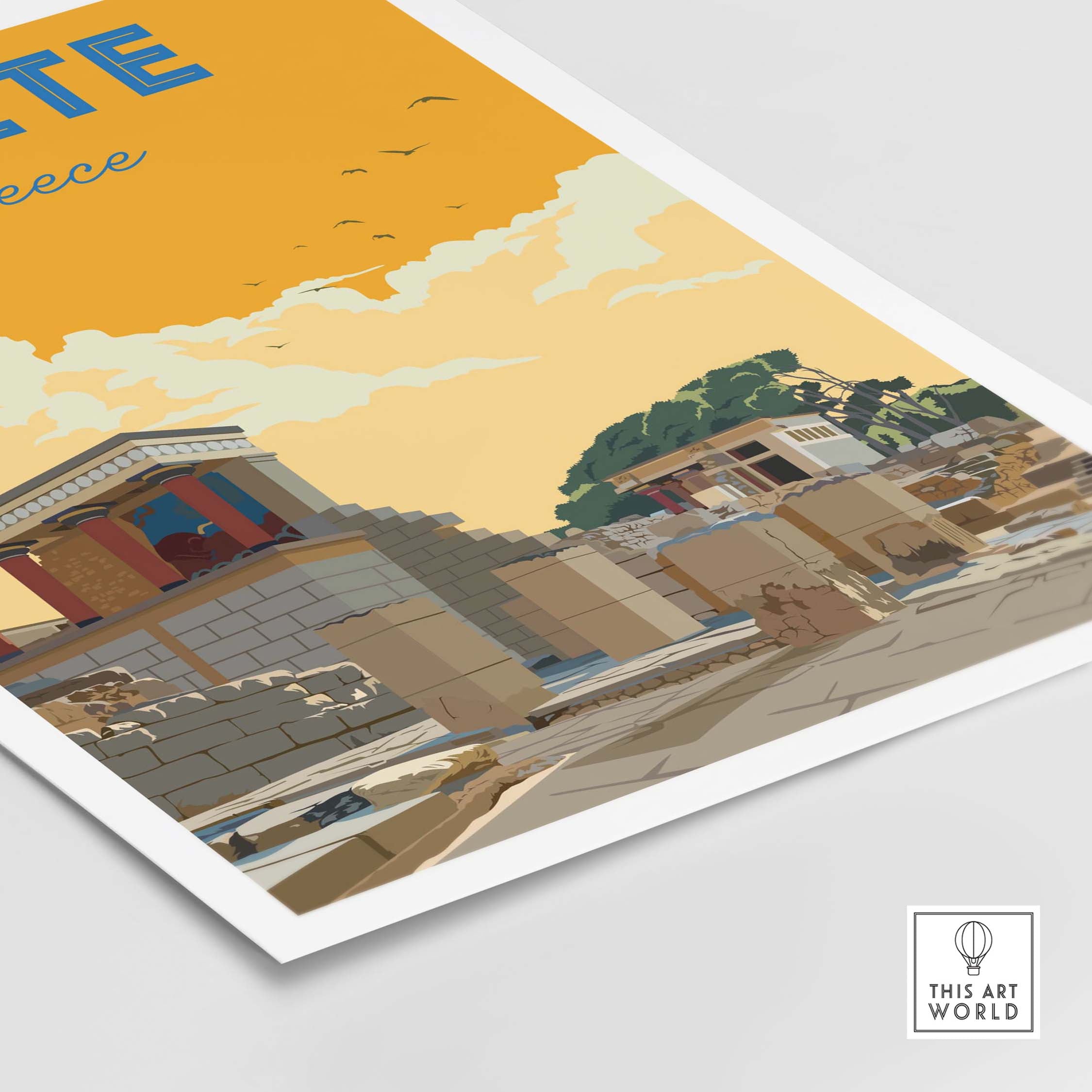 Vintage travel poster of Crete, Greece featuring historic architecture and warm sunset colors, ideal for home decor.