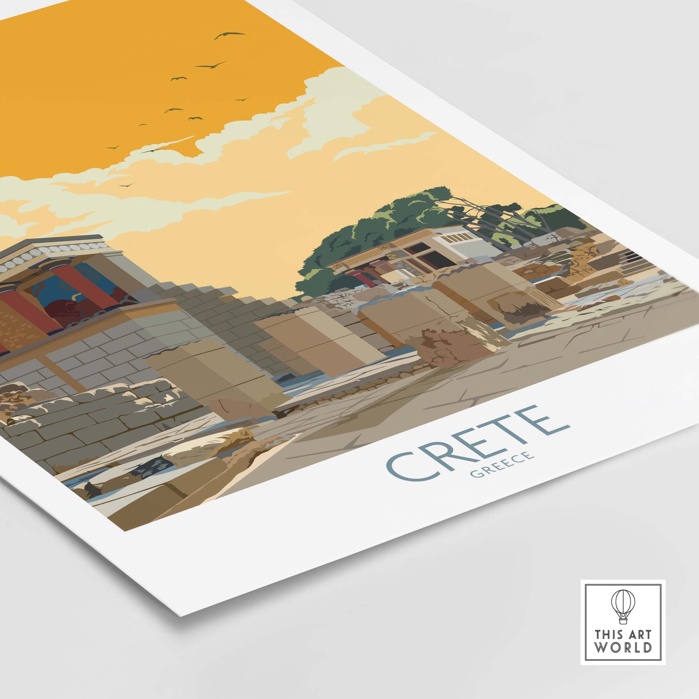 Crete Greece vintage travel poster featuring ancient ruins and a sunset sky, perfect for home or office decor.