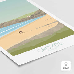 Croyde Beach poster featuring a serene landscape with a person walking on the sand in Devon, England.