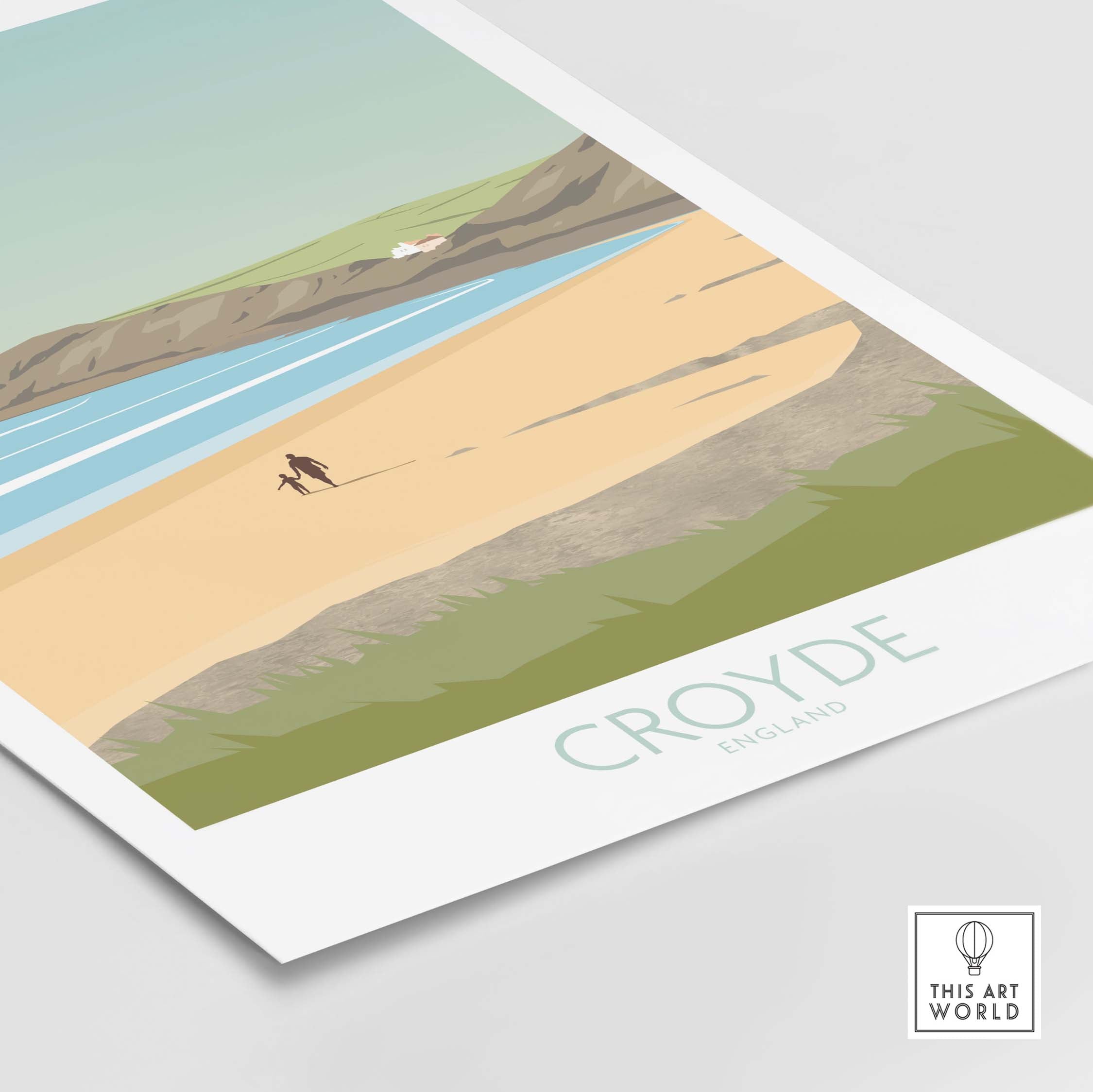 Croyde Beach poster featuring a serene landscape with a person walking on the sand in Devon, England.