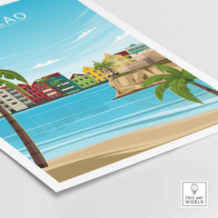 Curacao poster print featuring colorful buildings by the beach, palm trees, and serene blue water in a minimalist travel style.