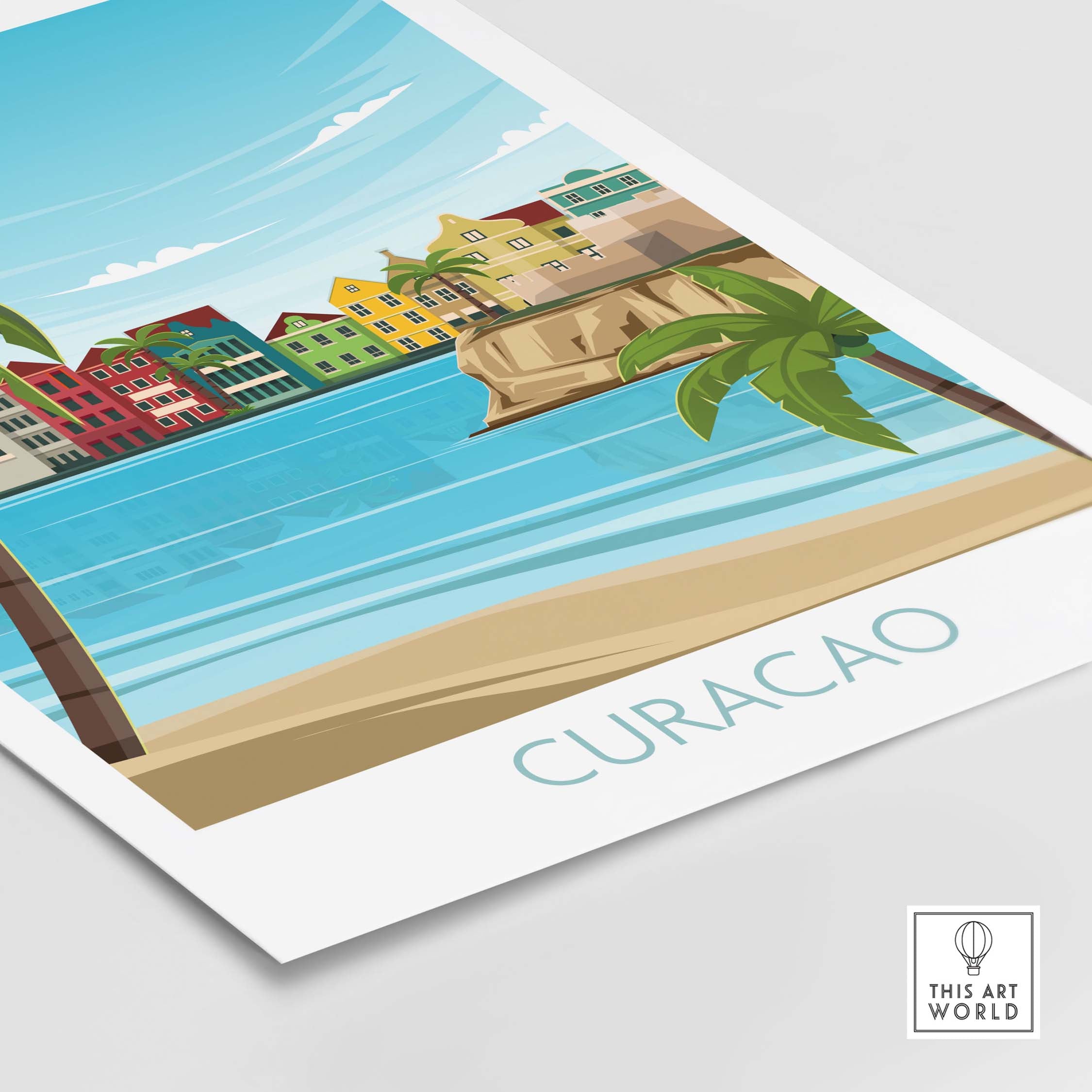 Curacao Wall Art Travel Poster featuring colorful buildings and palm trees by the beach, perfect for home decor.