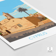 Cyprus travel poster print featuring a vintage-inspired illustration of a stone building and palm tree.