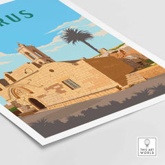 Vintage minimalist Cyprus travel poster featuring historical architecture and palm trees.