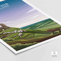 Dartmoor National Park poster print showcasing minimalist design with landscape and horse, ideal for home or office decor.
