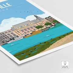 Deauville France poster print featuring vintage-style artwork of a waterfront scene.
