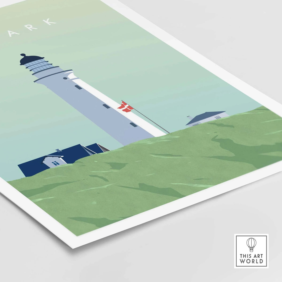Denmark Print Wall Art Poster featuring a lighthouse and green landscape, inspired by vintage travel art.
