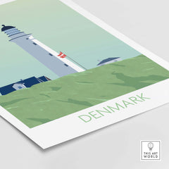 Denmark Poster Print featuring a lighthouse and green landscape, inspired by vintage travel art.