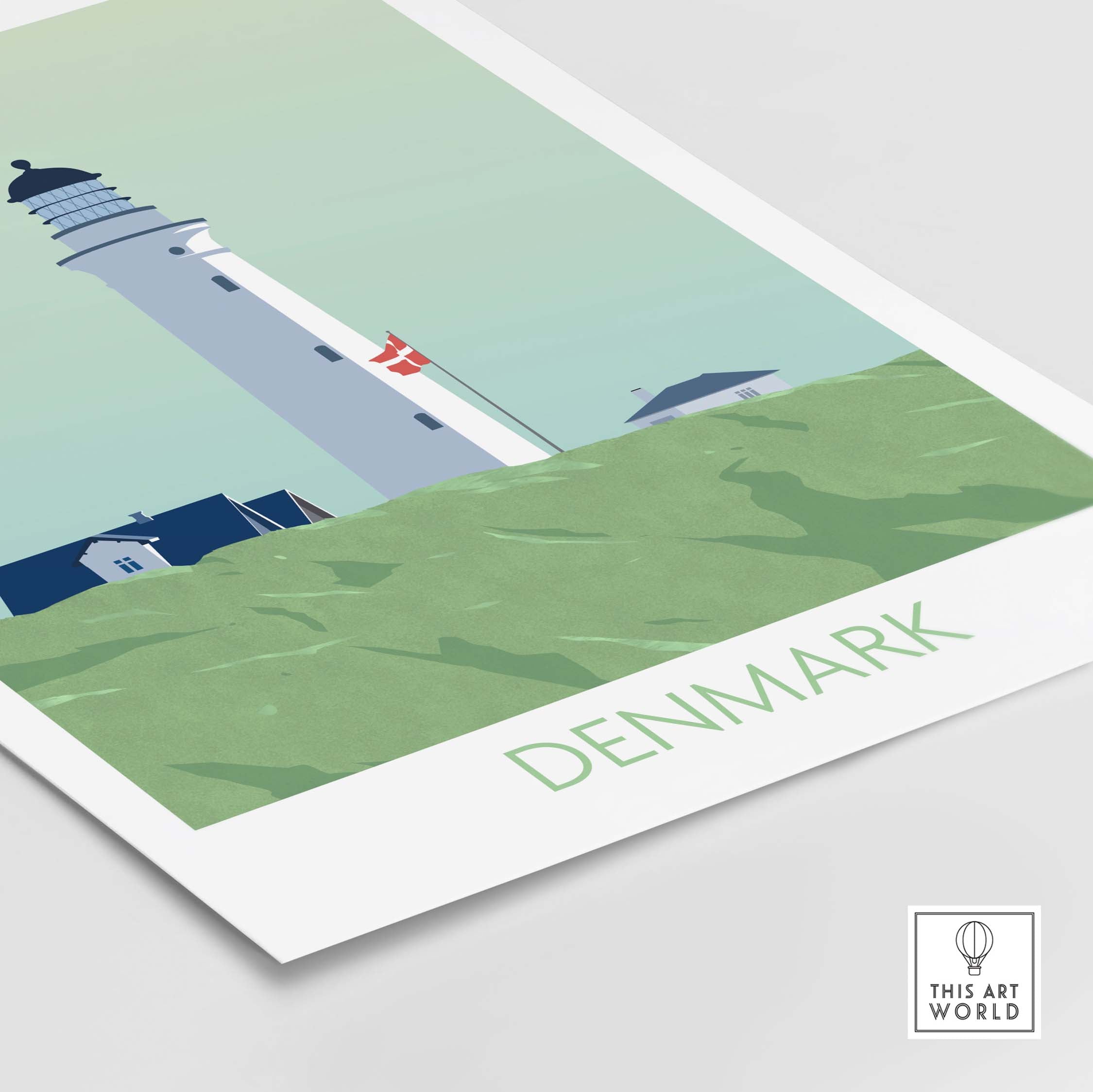 Denmark Poster Print featuring a lighthouse and green landscape, inspired by vintage travel art.