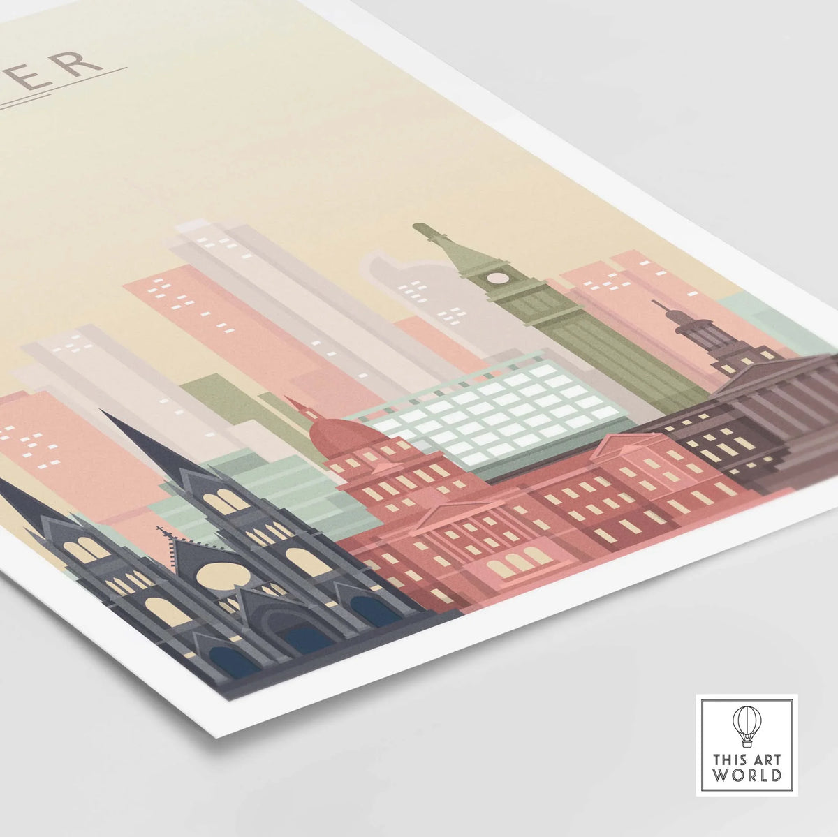 Denver Skyline Print showcasing iconic architecture in warm pastel tones, perfect for stylish wall art.