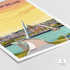 Derry Print Poster Wall Art featuring the iconic Peace Bridge, showcasing vintage travel style and vibrant colors.