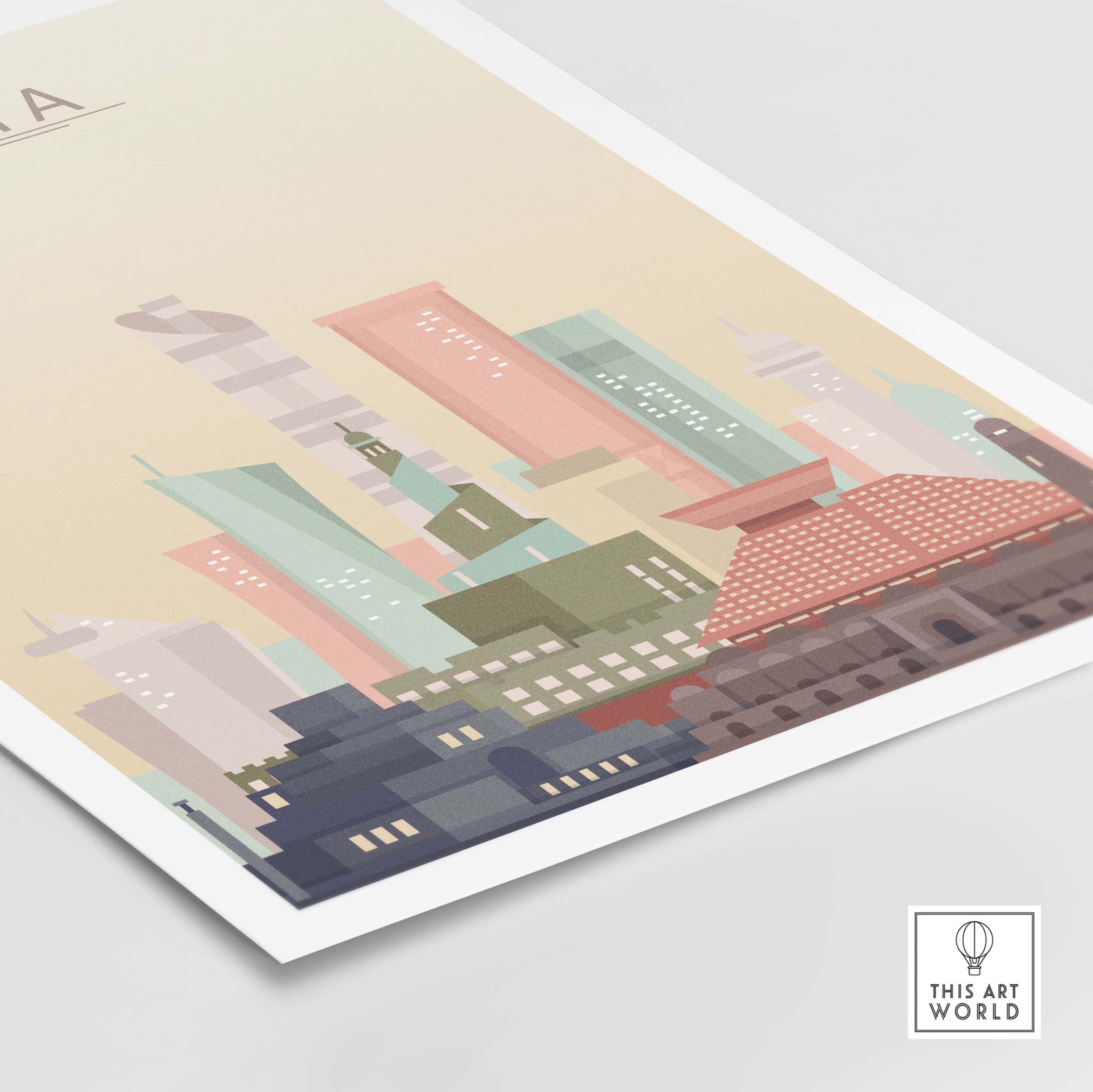 Doha City Skyline Print wall art showcasing iconic buildings in warm pastel tones.