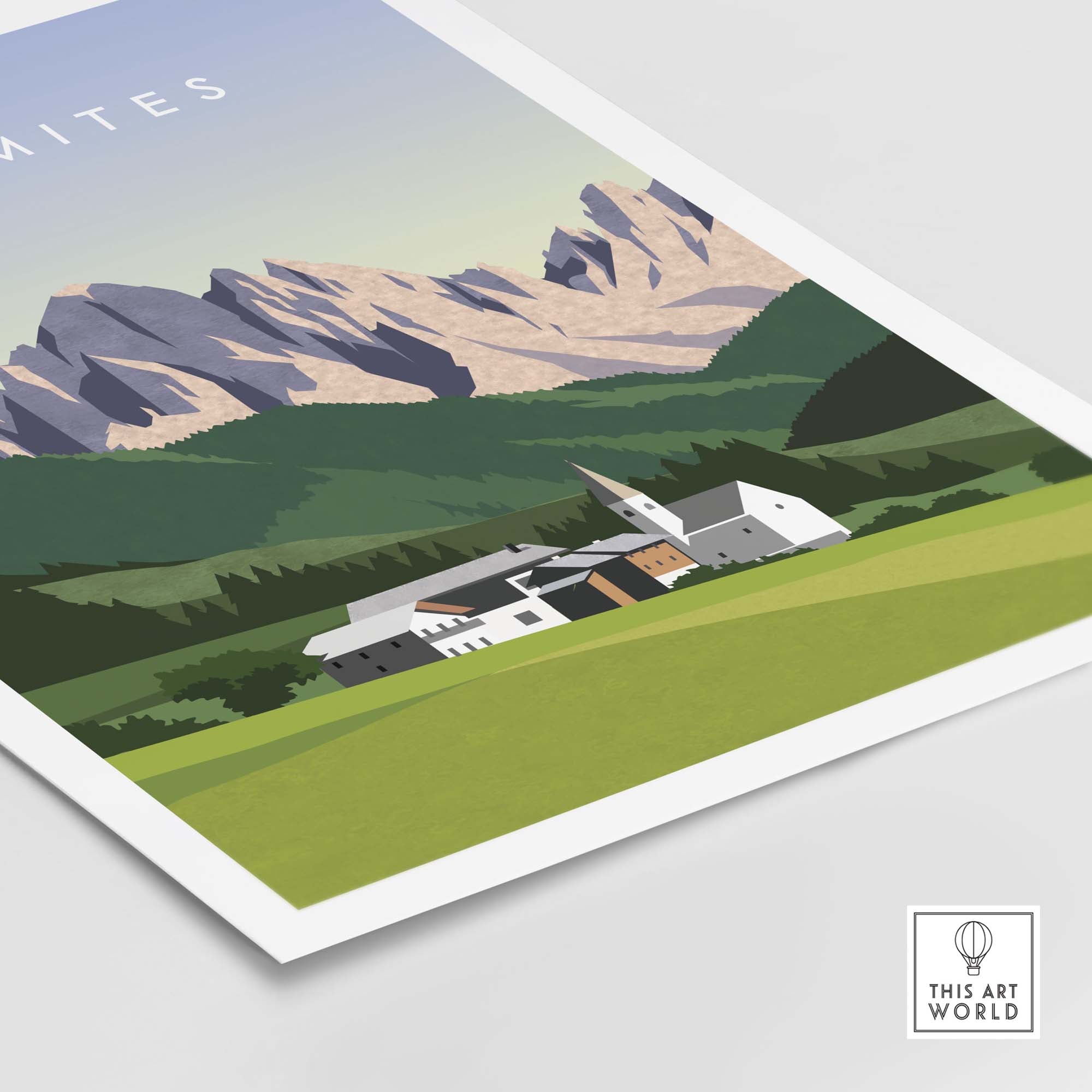 Dolomites travel poster print featuring minimalist mountains and landscape, perfect for home or office decor.