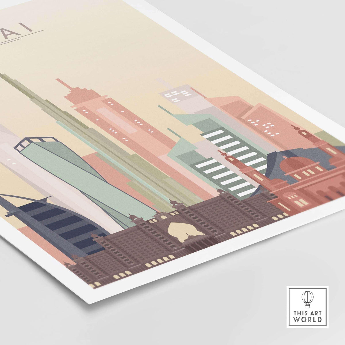 Dubai Wall Art print featuring city skyline in pastel tones, showcasing iconic buildings and architectural beauty.