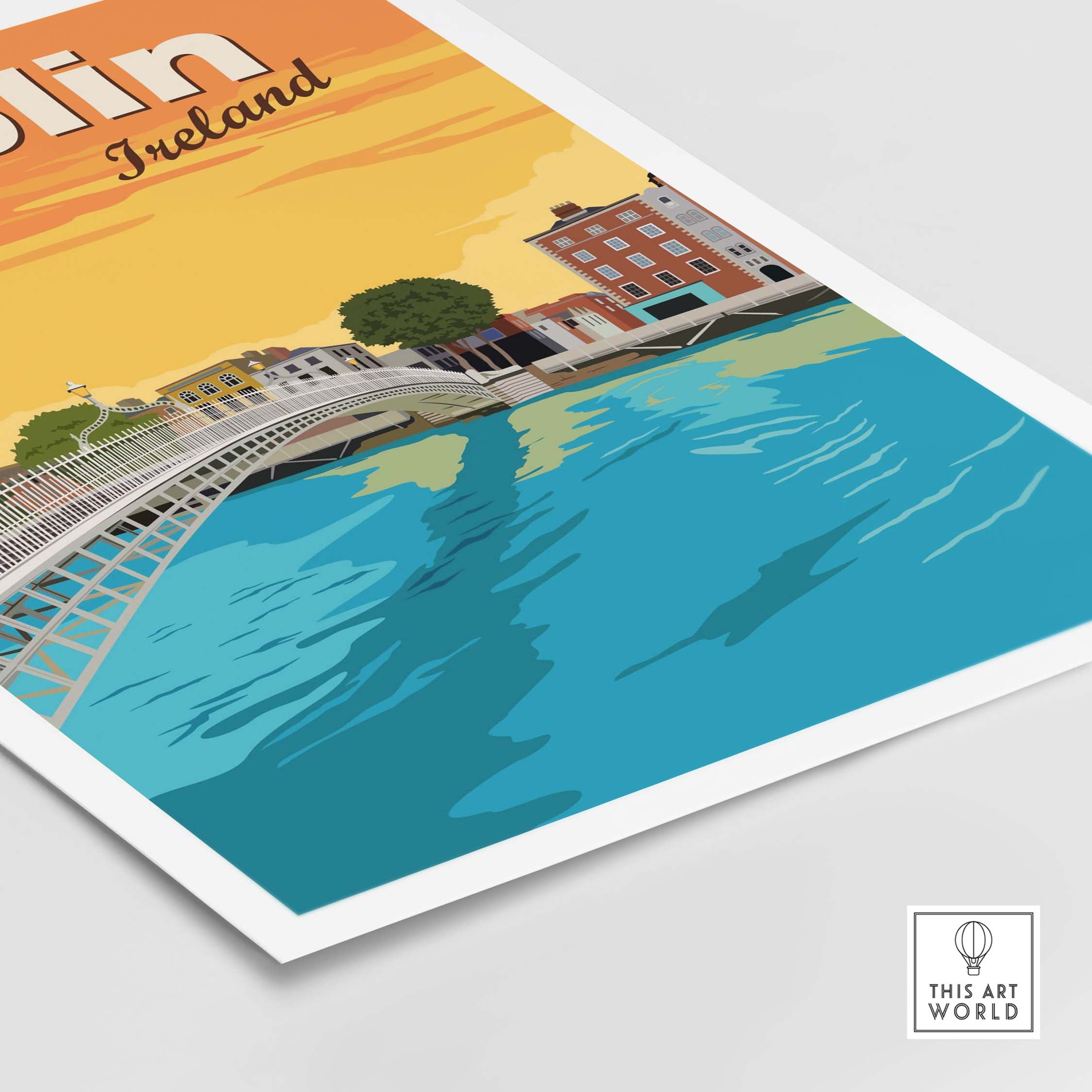Vintage Dublin Print Poster showcasing the River Liffey and colorful buildings, perfect wall art for travel lovers.