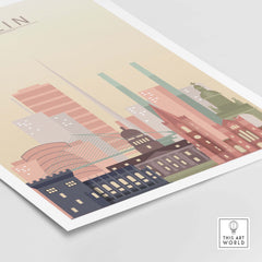 Dublin Skyline Wall Art print with iconic buildings in pastel colors for stylish home decor.