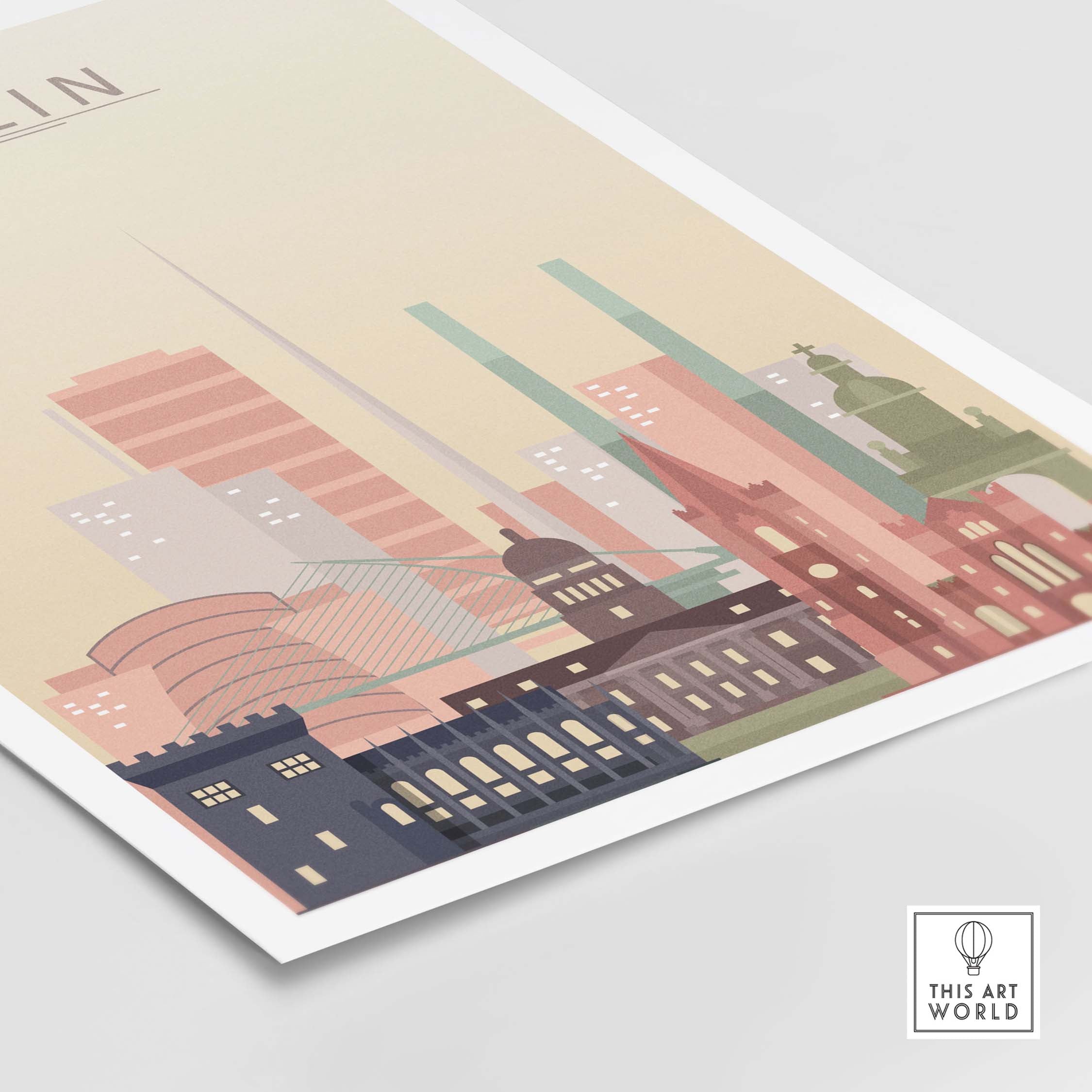 Dublin Skyline Wall Art print with iconic buildings in pastel colors for stylish home decor.