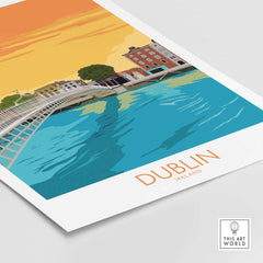 Dublin Ireland poster featuring Ha'penny Bridge and vibrant sunset, perfect for travel-inspired home decor.