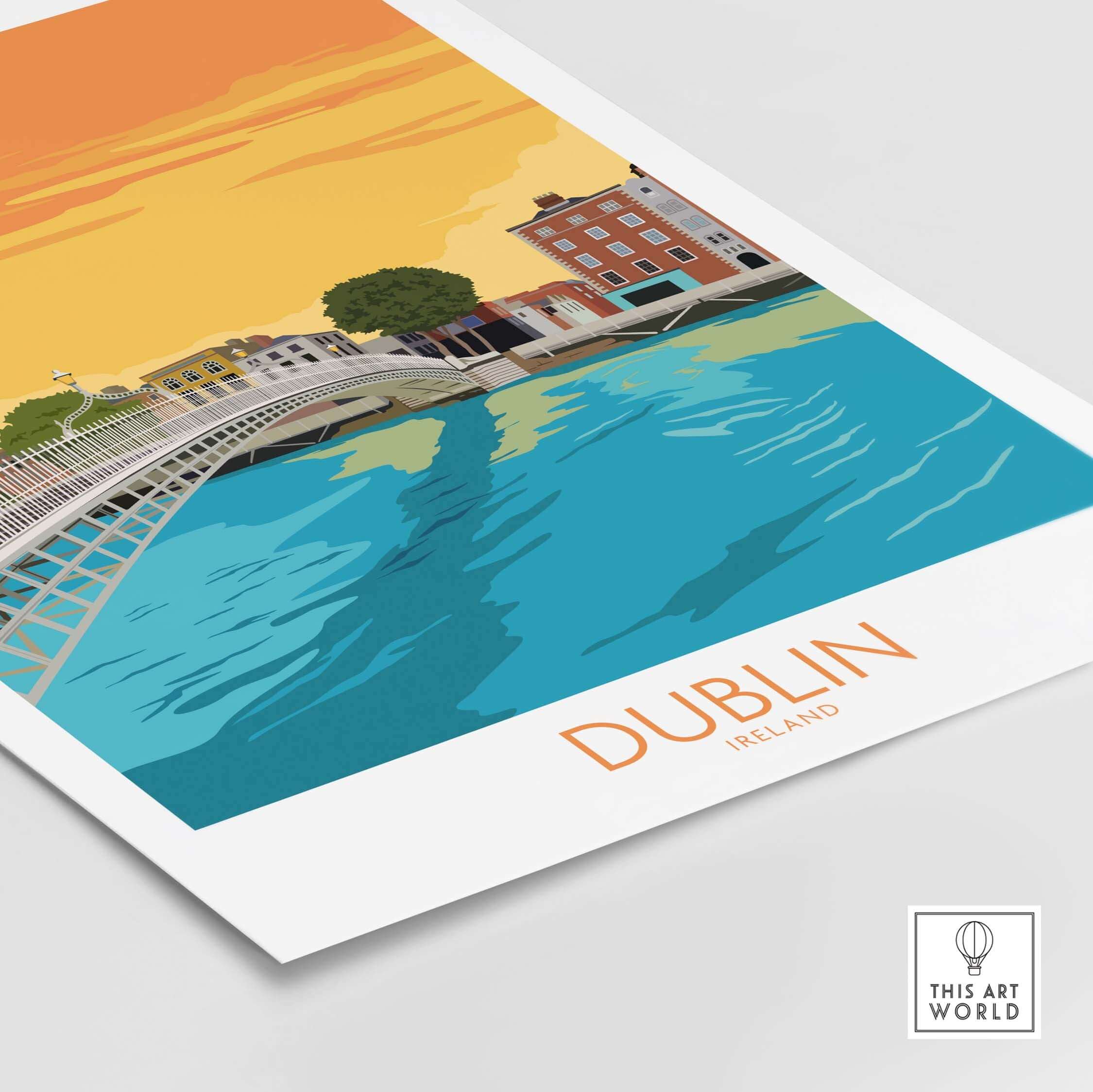 Dublin Ireland poster featuring Ha'penny Bridge and vibrant sunset, perfect for travel-inspired home decor.
