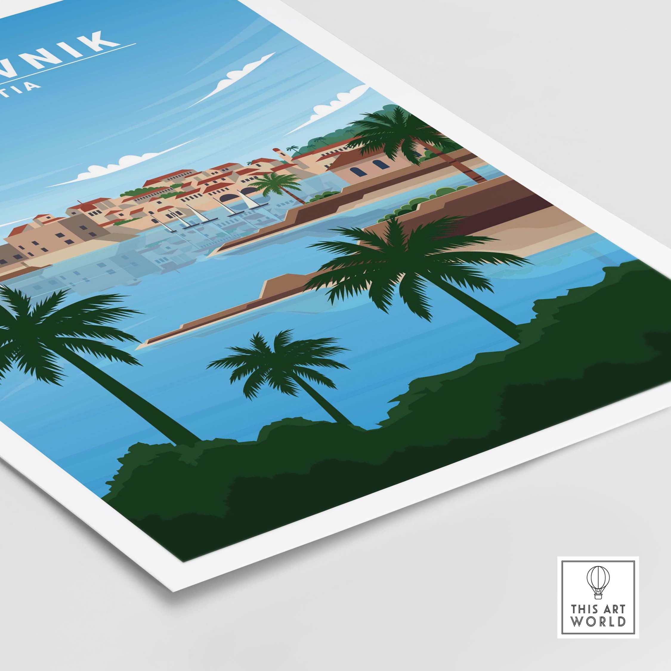 Dubrovnik Art Print featuring palm trees and a coastal view of Croatia in a minimalist, vintage style.