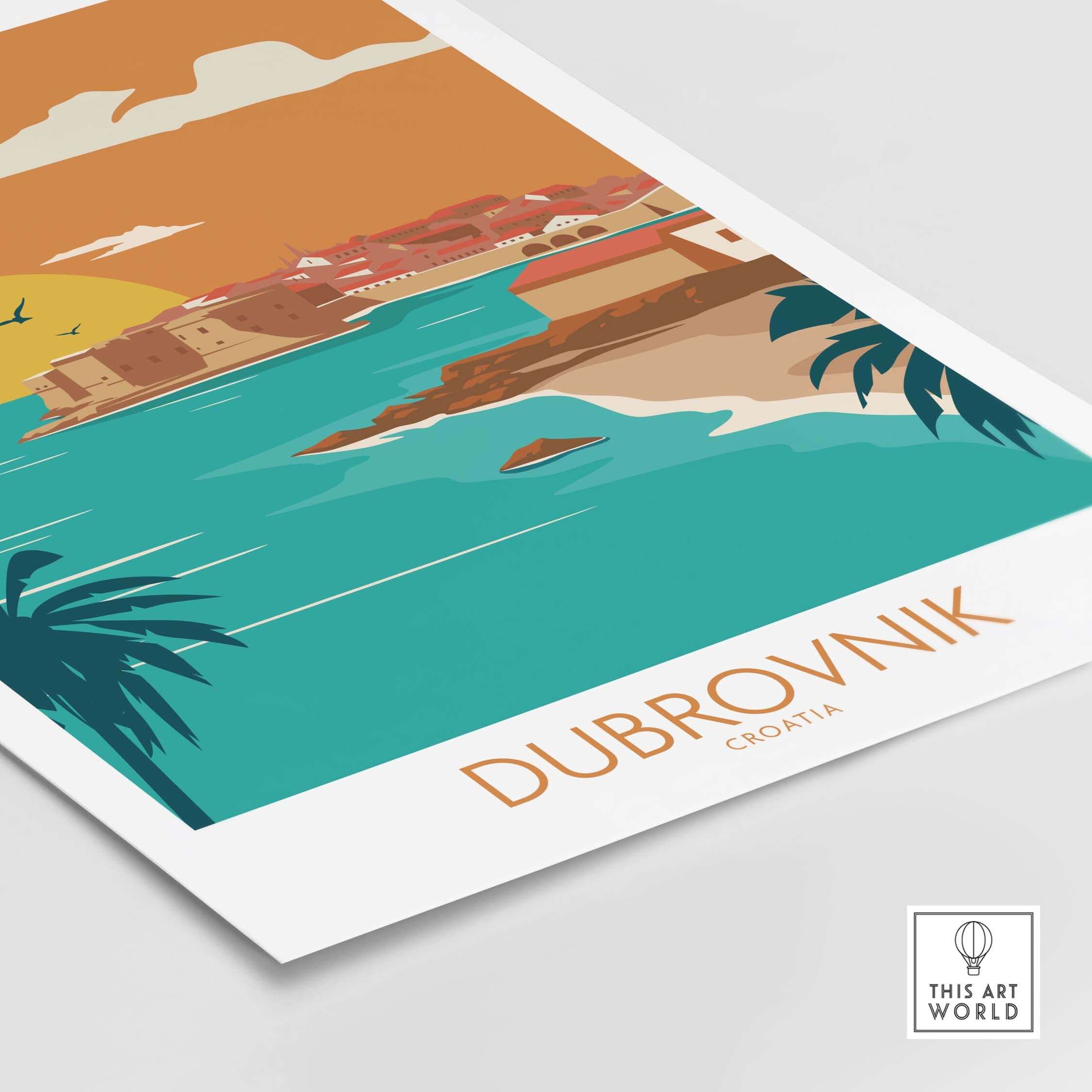 Dubrovnik Poster Art Print featuring vibrant colors and a coastal view of Dubrovnik, Croatia with nostalgic vintage style.