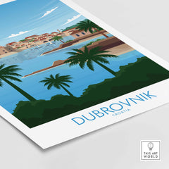 Dubrovnik travel poster art featuring palm trees and serene coastline in a modern minimalist style.