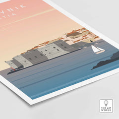 Dubrovnik Print Wall Art Poster featuring a vintage-inspired seascape with historic buildings and a sailboat.
