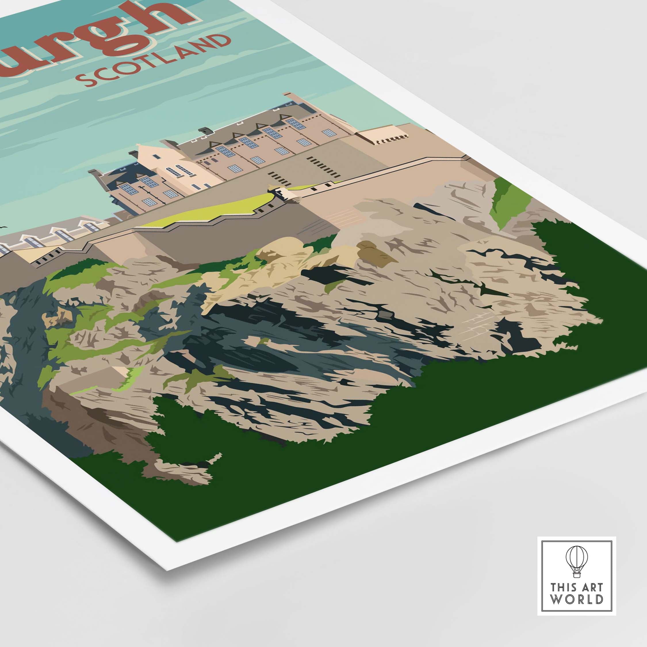 Vintage Edinburgh Print Poster Wall Art featuring Edinburgh Castle and rocky landscape, perfect for home decor.