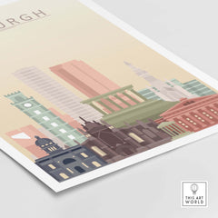 Edinburgh skyline print featuring iconic buildings in warm pastel tones, perfect wall art for city lovers.
