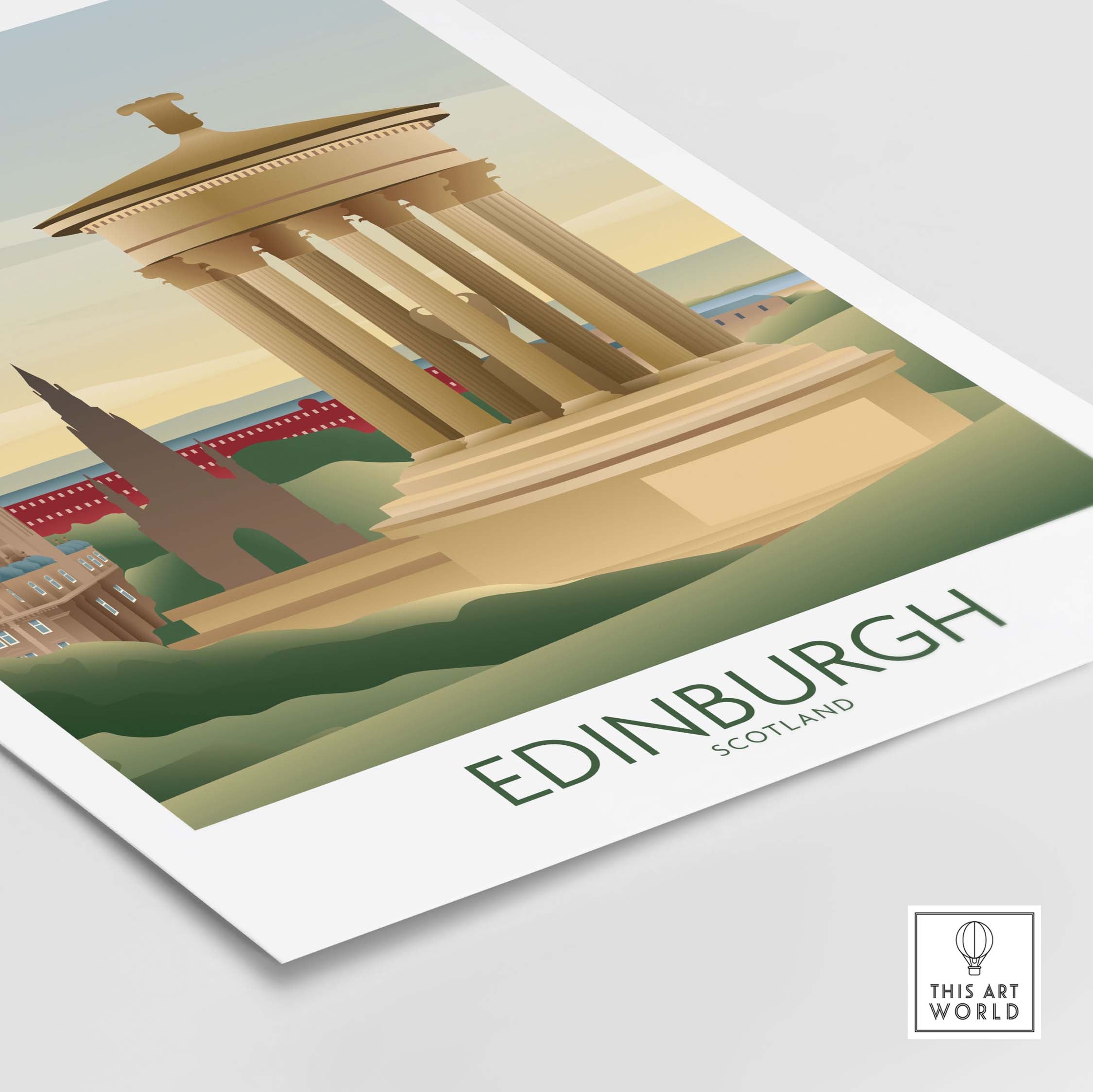 Edinburgh Wall Art Print showcasing iconic Scottish architecture with vintage travel poster style.
