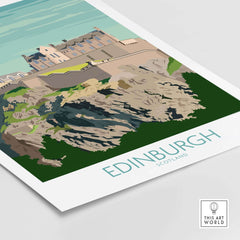 Edinburgh Print Scotland Travel Poster featuring a vintage design with iconic cliffs and castle.