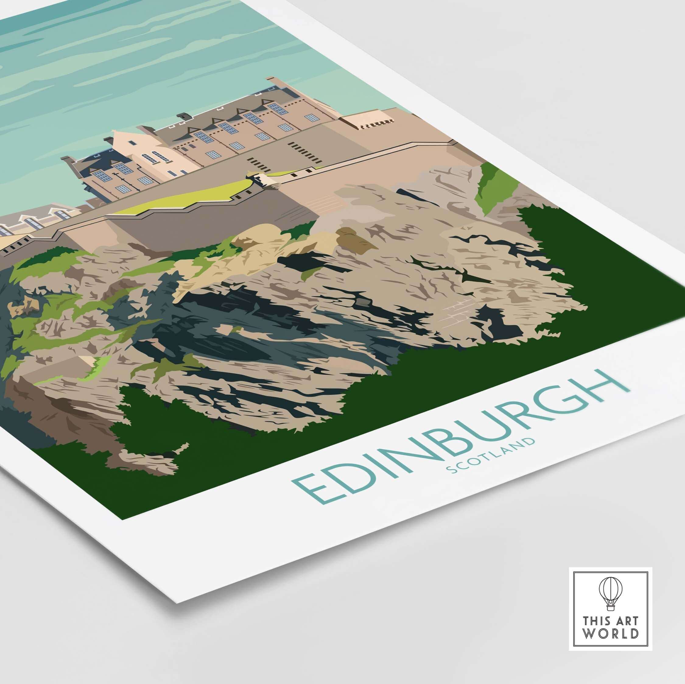 Edinburgh Print Scotland Travel Poster featuring a vintage design with iconic cliffs and castle.