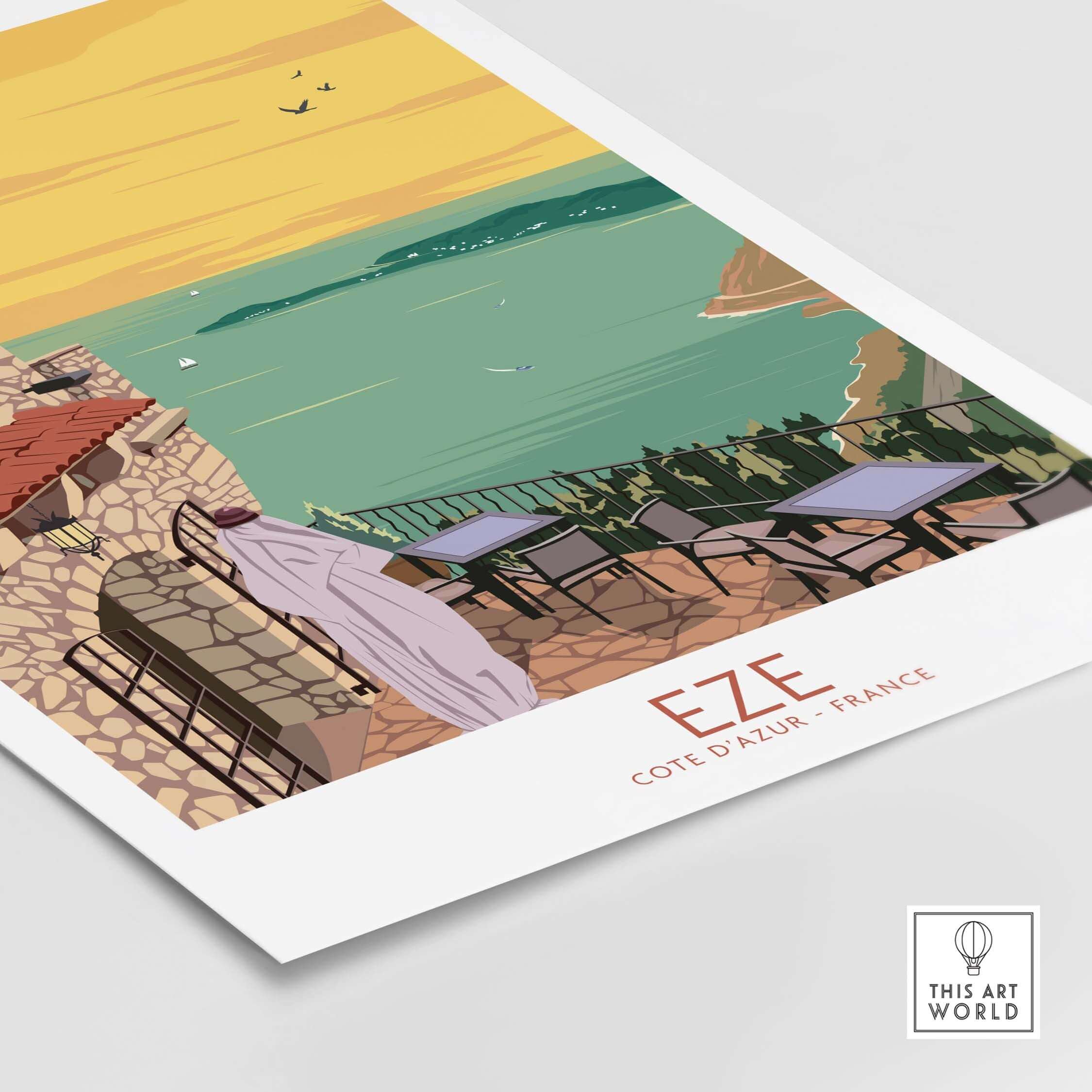 Eze Print France travel poster featuring scenic Cote d'Azur, with a sunset and outdoor seating.