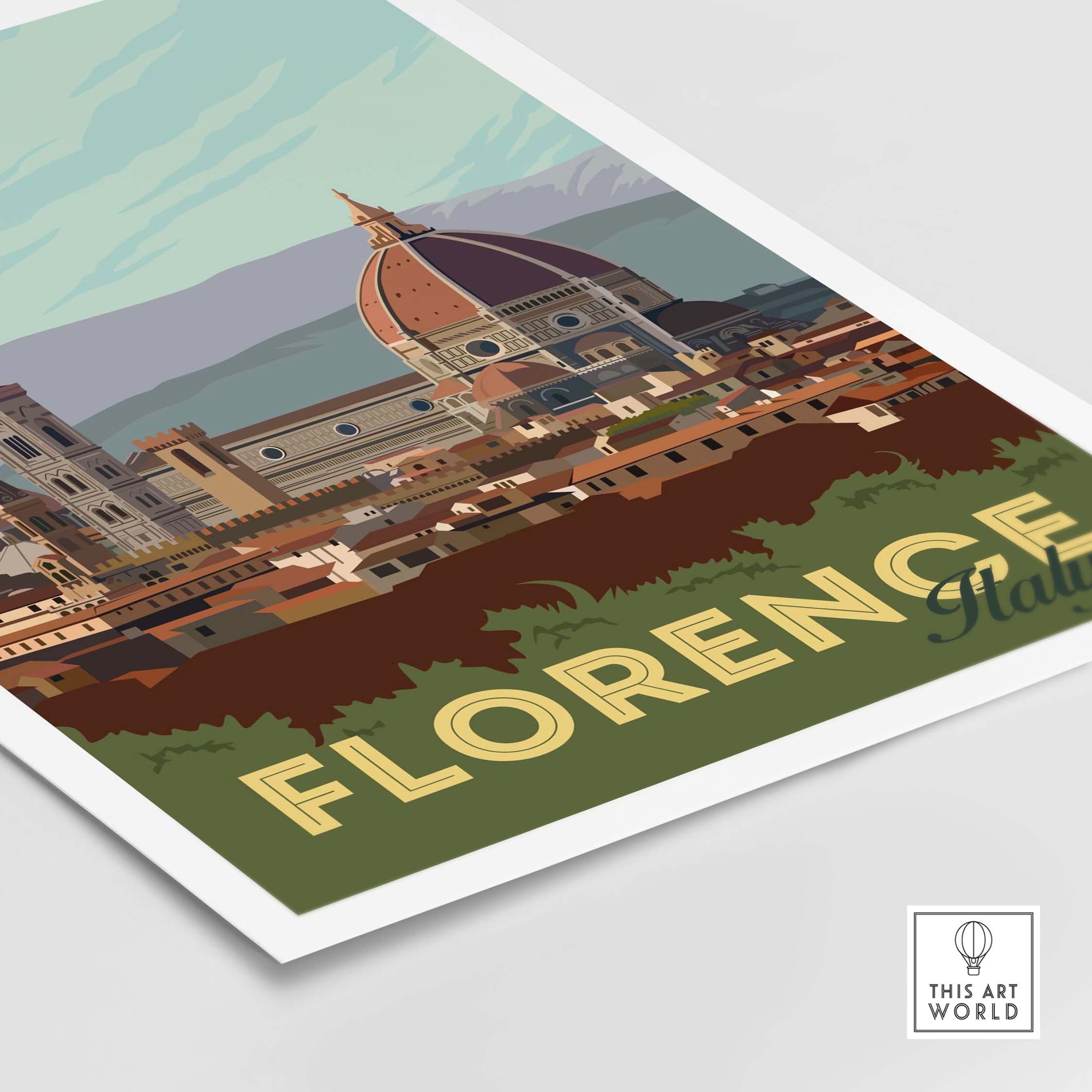 Vintage Florence poster wall art depicting iconic landmarks and rich colors for stylish home decor.