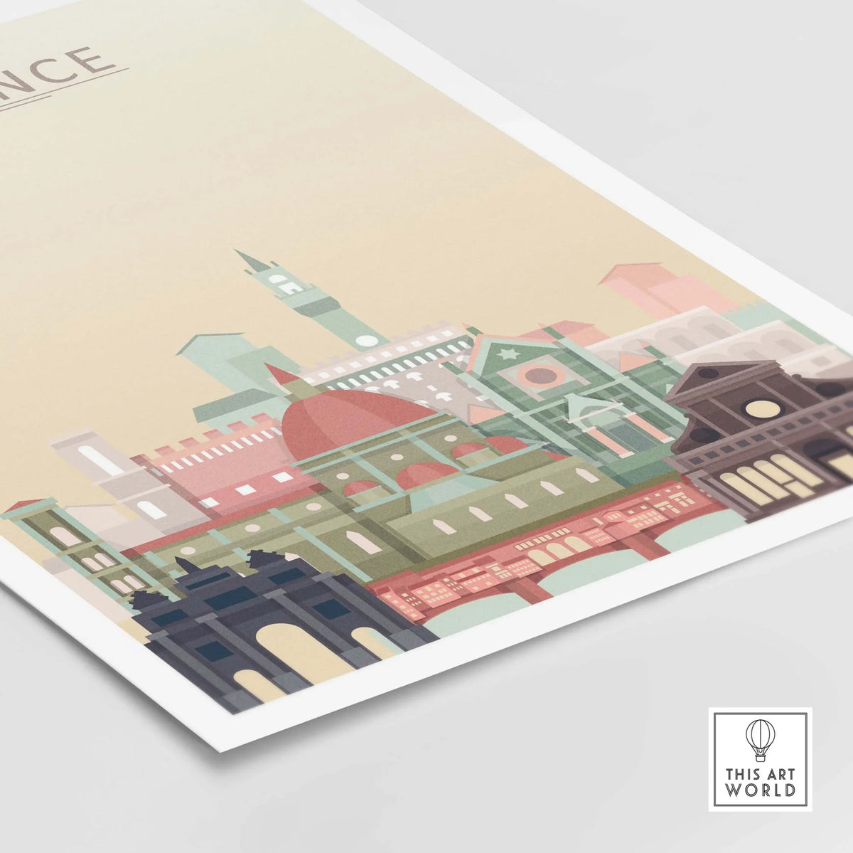 Florence Skyline Print showcasing iconic architecture in pastel tones, perfect for home or office decor