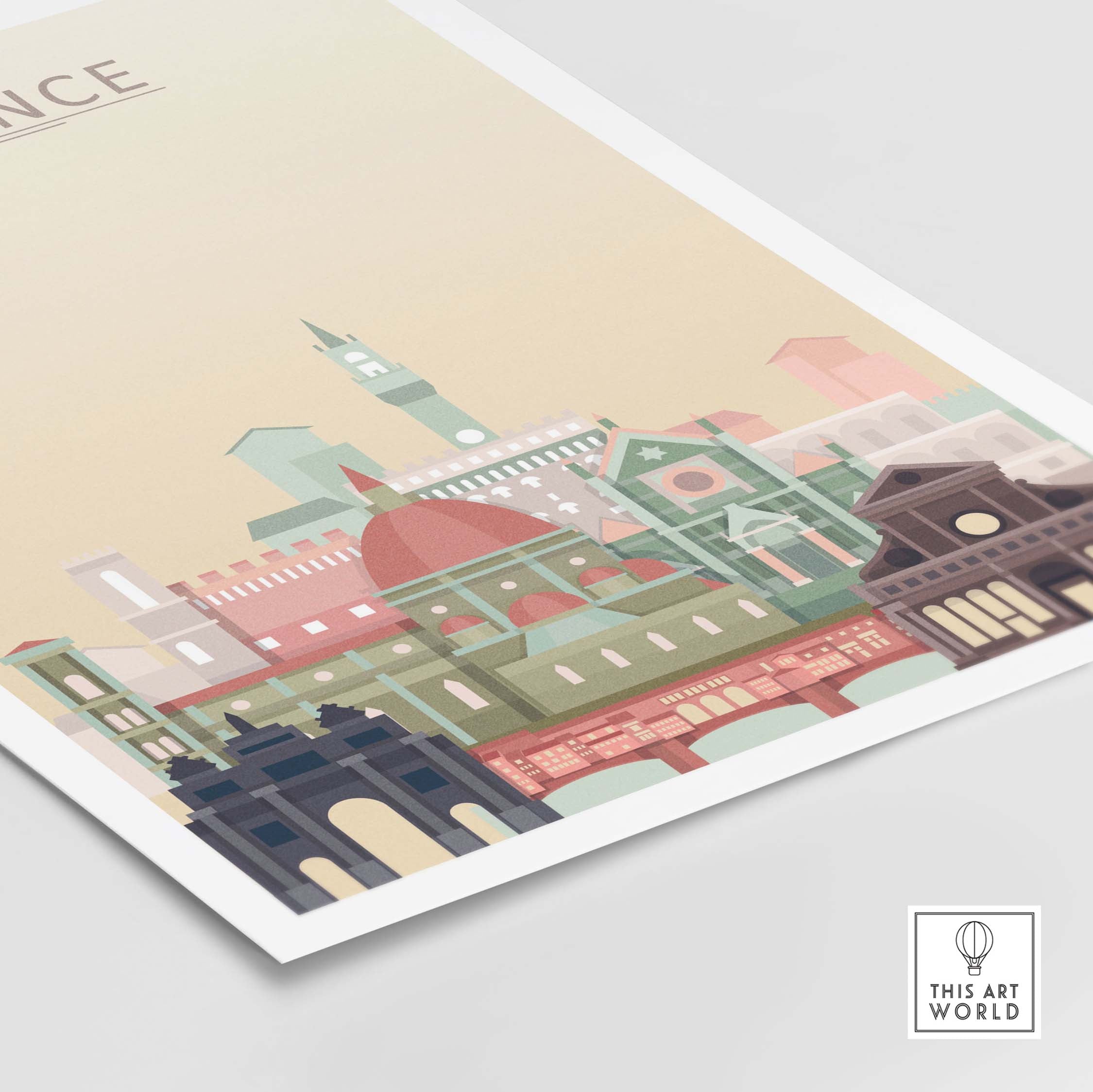Florence Skyline Print showcasing iconic architecture in pastel tones, perfect for home or office decor