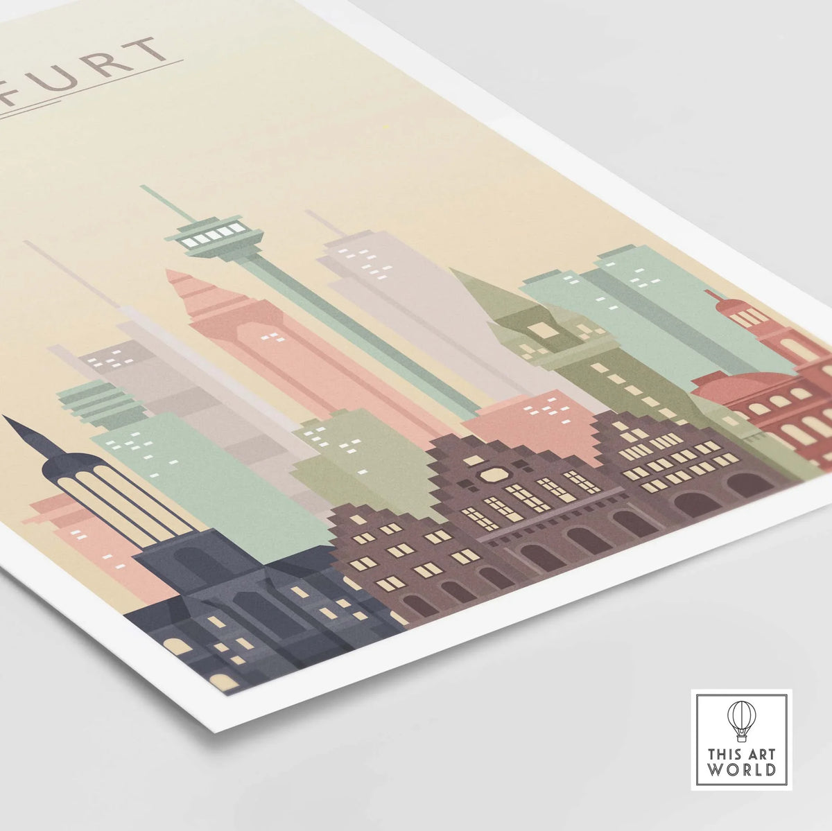 Frankfurt skyline print showcasing iconic architecture in soft pastel colors, perfect for wall art decoration.