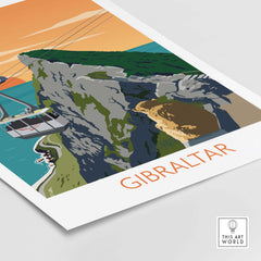 Gibraltar travel poster art print featuring a scenic cliff and cable car, perfect for home or office decor.