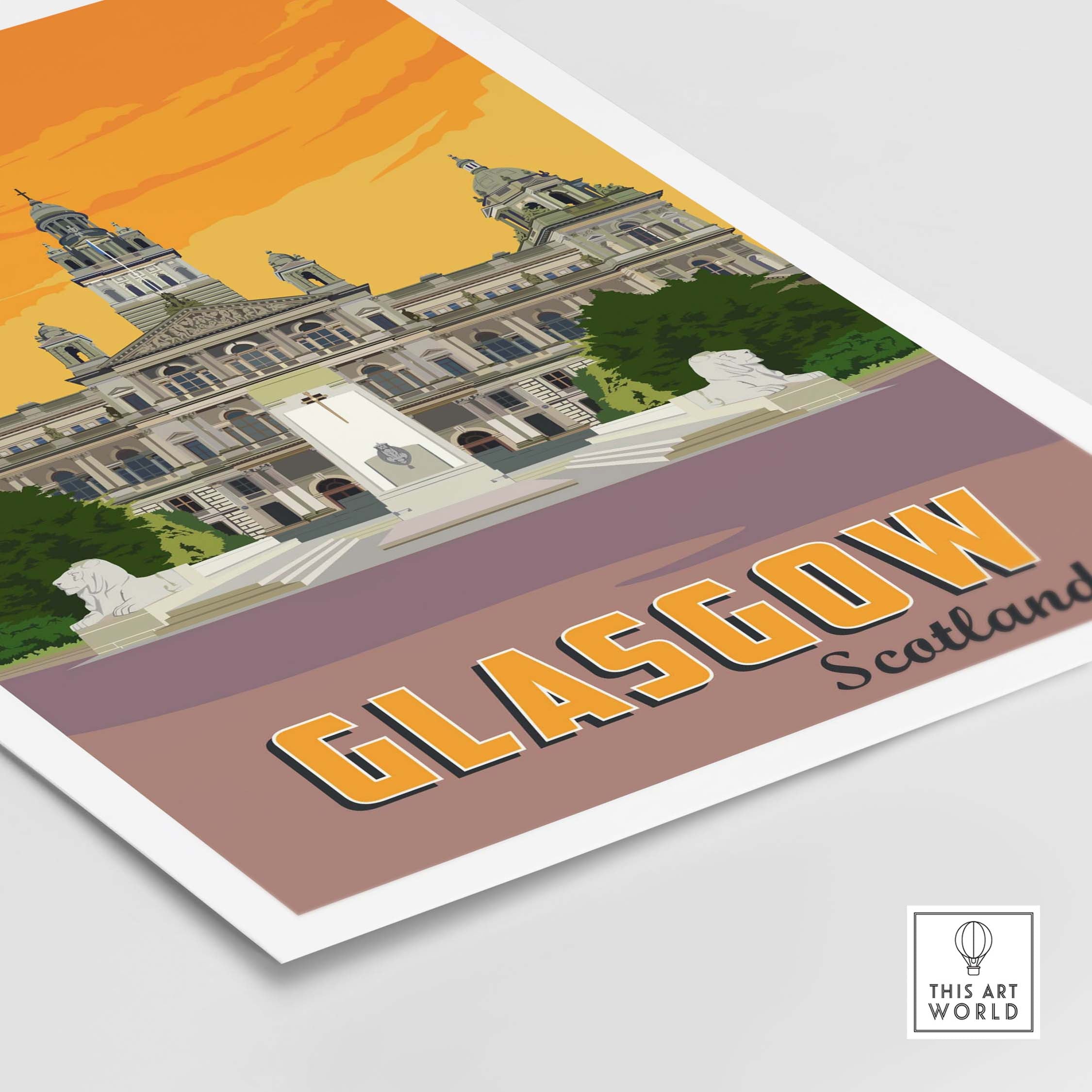 Glasgow Poster Print featuring vintage style artwork of Glasgow, Scotland with city hall and warm sunset colors.